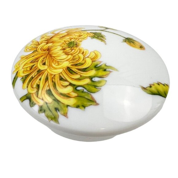 Vintage Minh Long Porcelain Trinket Dish w Lid Yellow Chrysanthemum Design - Picture 4 of 11